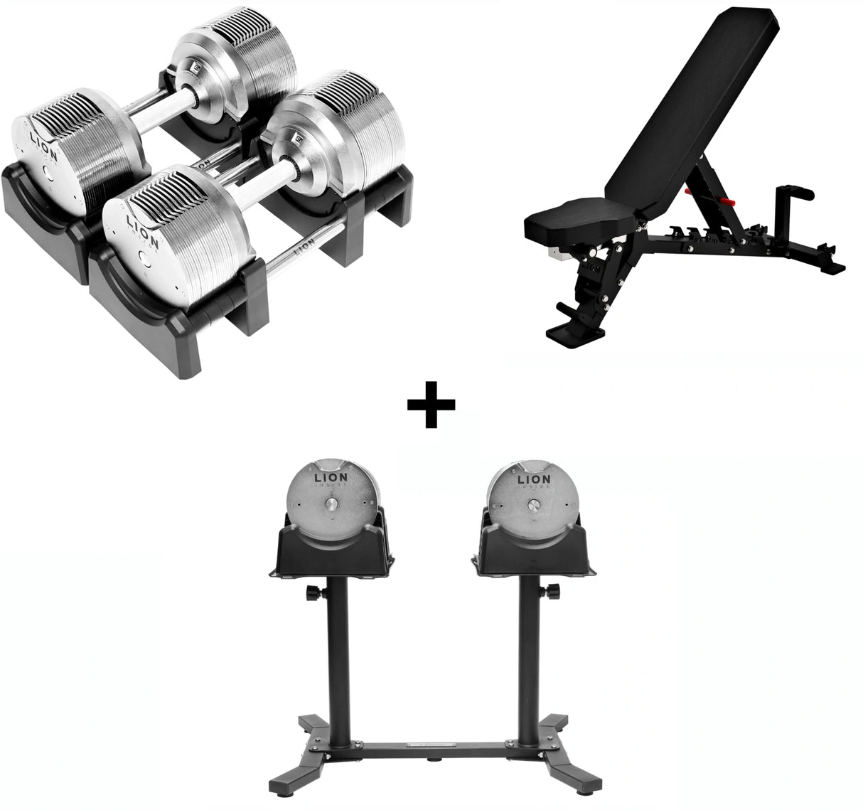 Pro Homegym Bundel – Titansilver Dumbbells + Fitnessbank + Rack