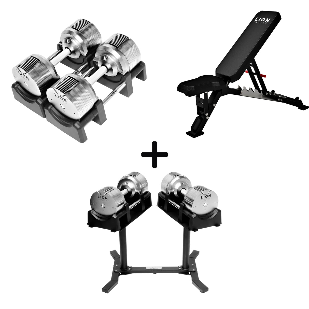 Pro Homegym-Bundle – Titansilber-Hanteln + Trainingsbank + Rack