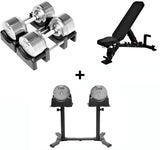 Pro Homegym Bundel – Titansilver Dumbbells + Fitnessbank + Rack