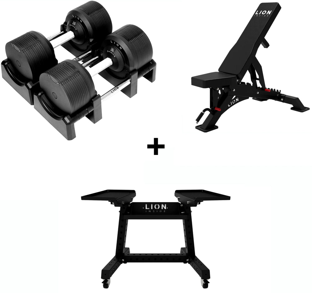 Pro Homegym Bundel – 41,5 kg BlackValor Dumbbells + Valorforge Fitnessbank + TitanRack