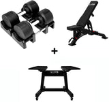 Pro Homegym Bundel – 41,5 kg BlackValor Dumbbells + Valorforge Fitnessbank + TitanRack