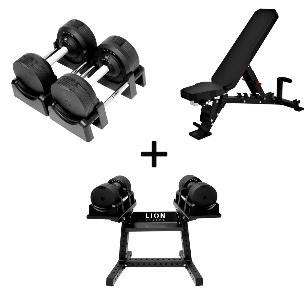 Pro Homegym Bundel – BlackValor Dumbbells + Fitnessbank + Rack