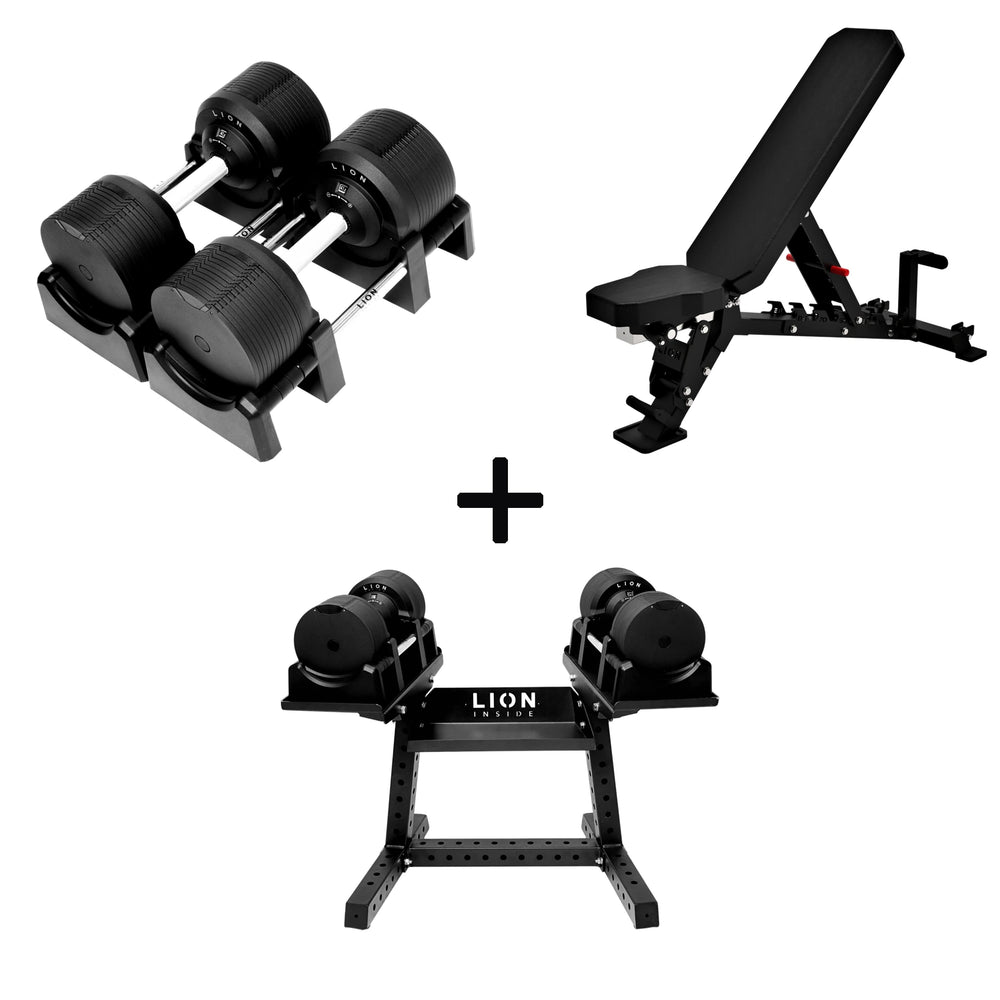 Pro Homegym Bundel – BlackValor Dumbbells + Fitnessbank + Rack