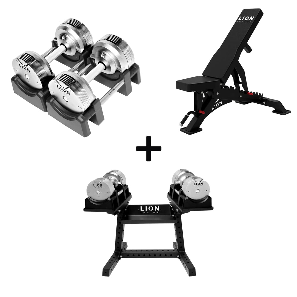 Pro Homegym-Bundle – Titansilber-Hanteln + Trainingsbank + Rack 