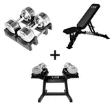 Pro Homegym-Bundle – Titansilber-Hanteln + Trainingsbank + Rack 