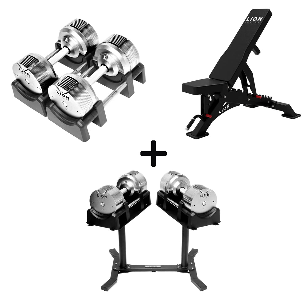 Pro Homegym-Bundle – Titansilber-Hanteln + Trainingsbank + Rack 