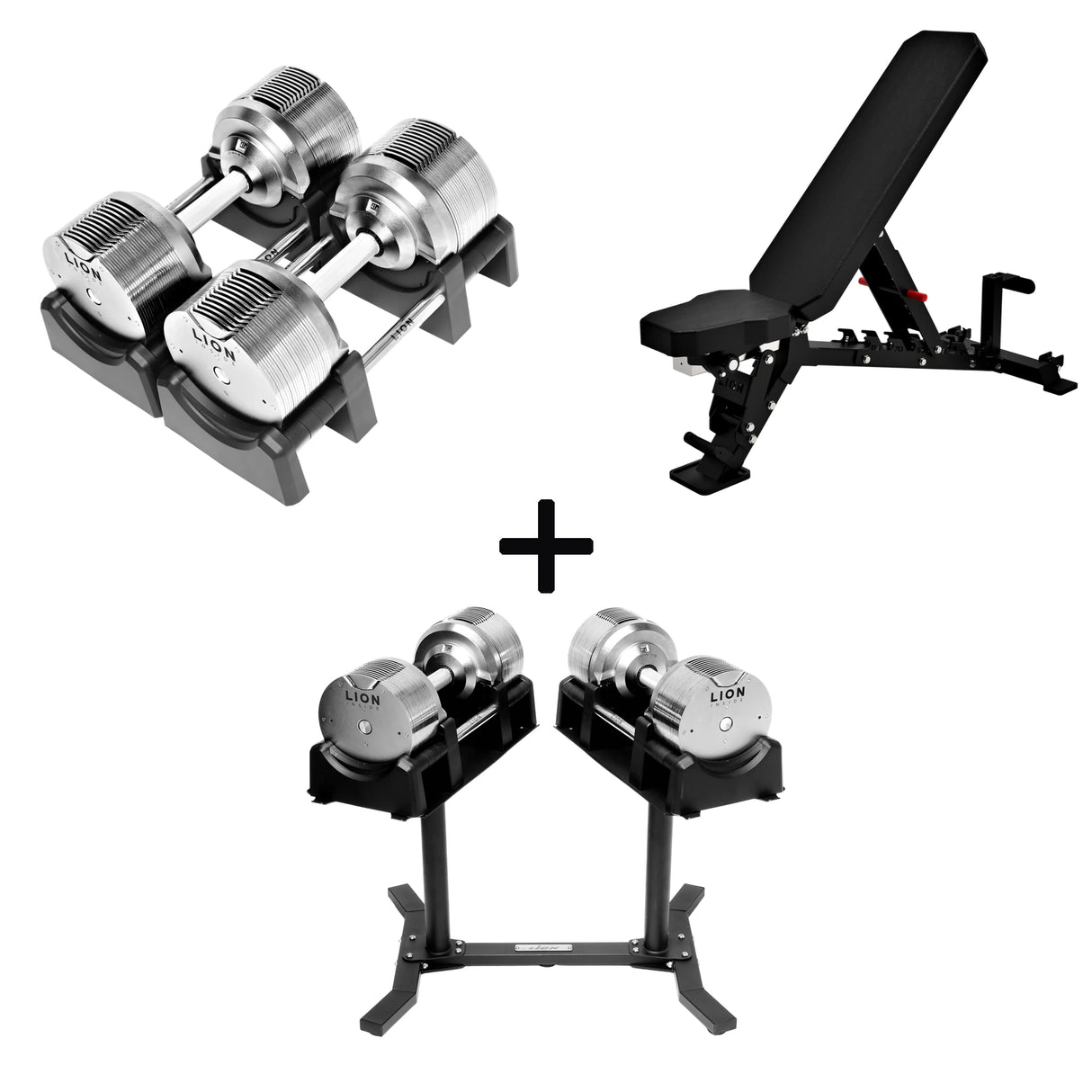 Pro Homegym-Bundle – Titansilber-Hanteln + Trainingsbank + Rack 