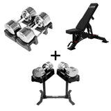 Pro Homegym-Bundle – Titansilber-Hanteln + Trainingsbank + Rack 