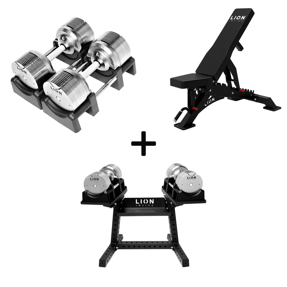Pro Homegym-Bundle – Titansilber-Hanteln + Trainingsbank + Rack 